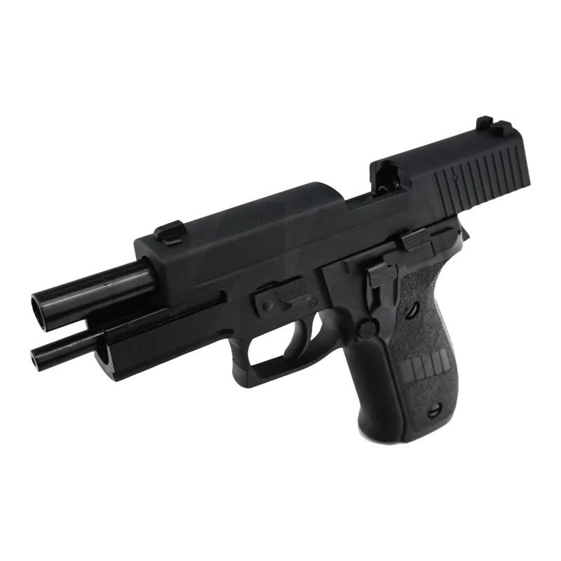 Pistolet gaz WE F226 noir culasse ouverte, canon et ressort récupérateur visibles, vue en plongée