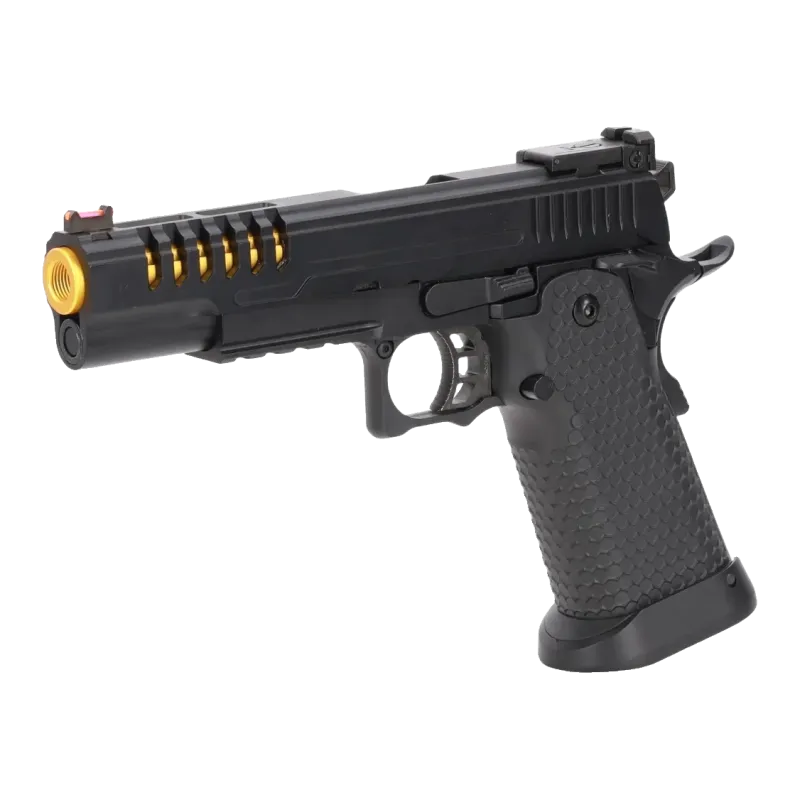 Pistolet GBB Specna Arms SA-VGP25 Vapor noir et or, vue de trois quarts avant côté gauche avec canon doré fileté