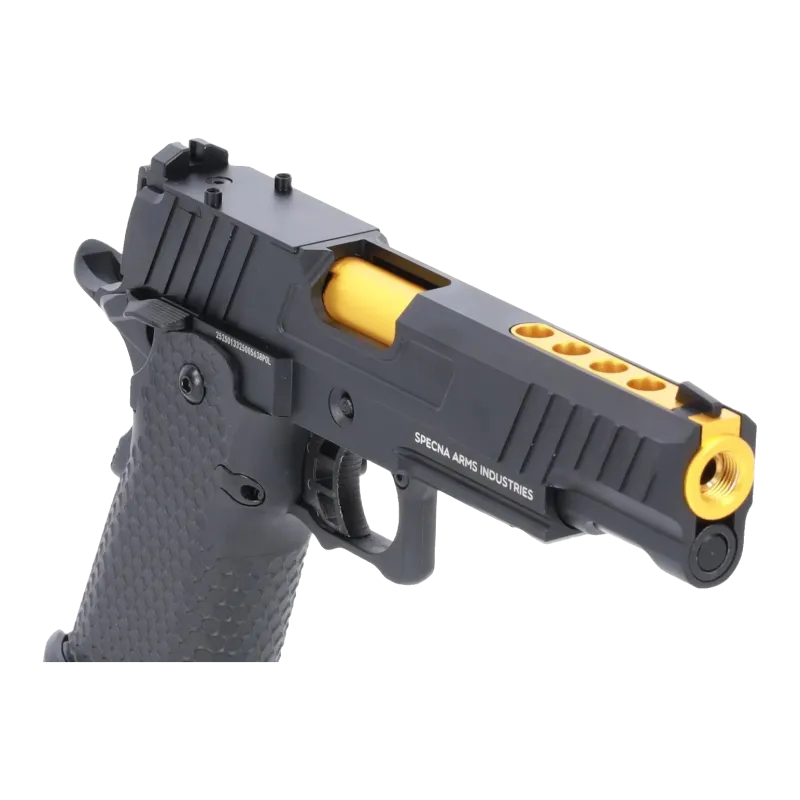 Pistolet GBB Specna Arms SA-VGP19 Vapor, gros plan de la culasse Optics Ready, canon doré et marquage Specna Arms Industries