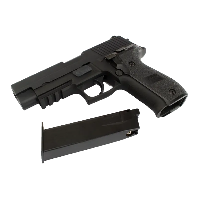 Pistolet GBB WE F226 rail noir posé à plat avec son chargeur gaz sorti, vue côté droit