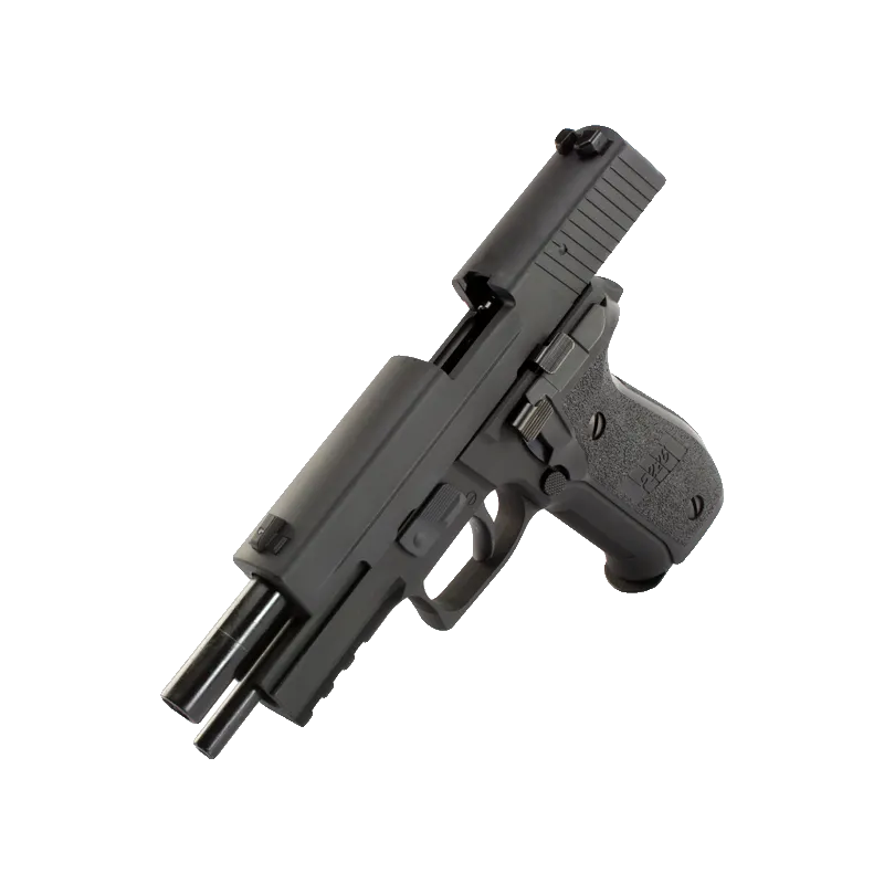 Pistolet GBB WE F226 rail noir, culasse reculée en position ouverte avec canon et ressort visibles, vue de face