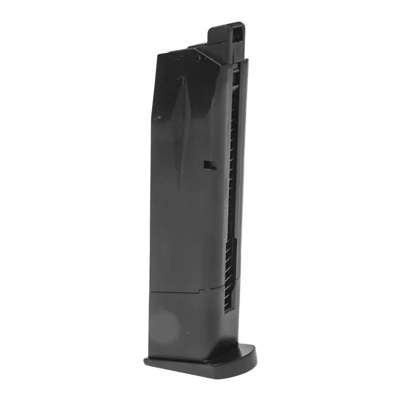 Chargeur gaz noir du pistolet WE F226, vue de côté avec lèvres, ressort de pousseur et talon