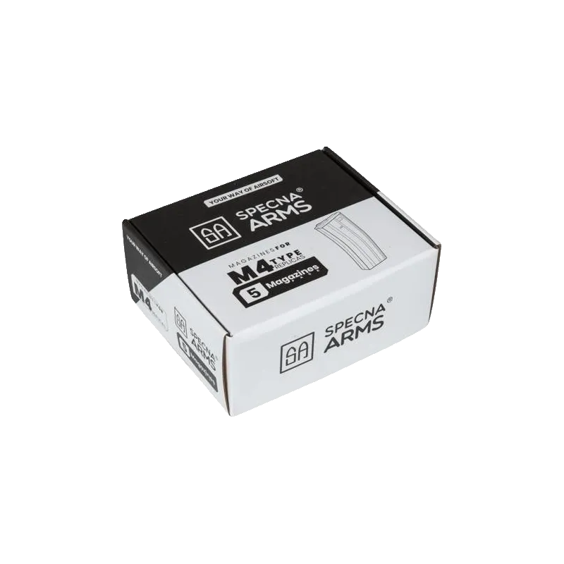 Boîte de 5 chargeurs Specna Arms pour répliques type M4, vue de trois quarts avec logo Specna Arms