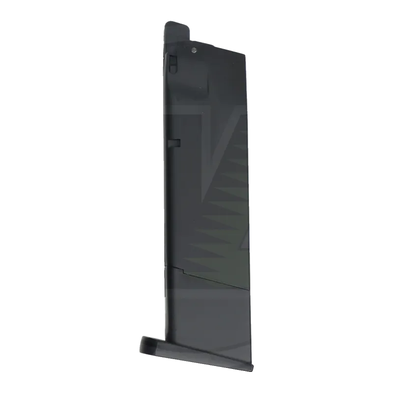 Chargeur gaz noir WE-MG-F226-A du pistolet WE F226, vue de côté avec lèvres et talon