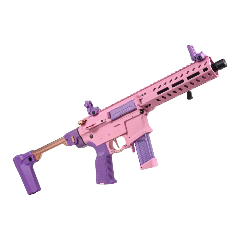 Réplique AEG G&G Armament FAR 9 Rose, vue de trois quarts droit, crosse violette dépliée
