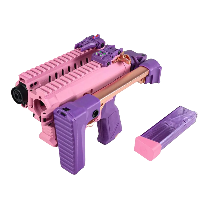G&G Armament FAR 9 Rose repliée, chargeur 68 billes violet retiré posé à côté