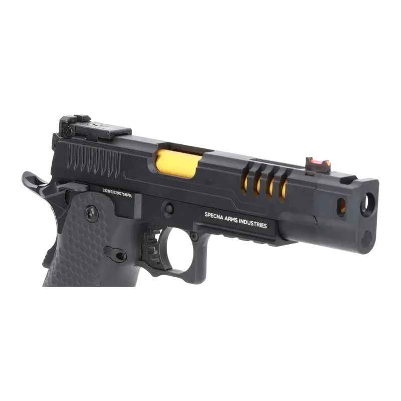 Pistolet GBB Specna Arms SA-VGP23 Vapor noir et or, gros plan de la culasse, du canon doré et du marquage