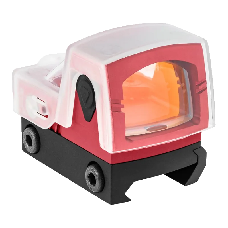 Mini point rouge Tactical Ops rouge sur son embase picatinny, avec le capot transparent de protection posé