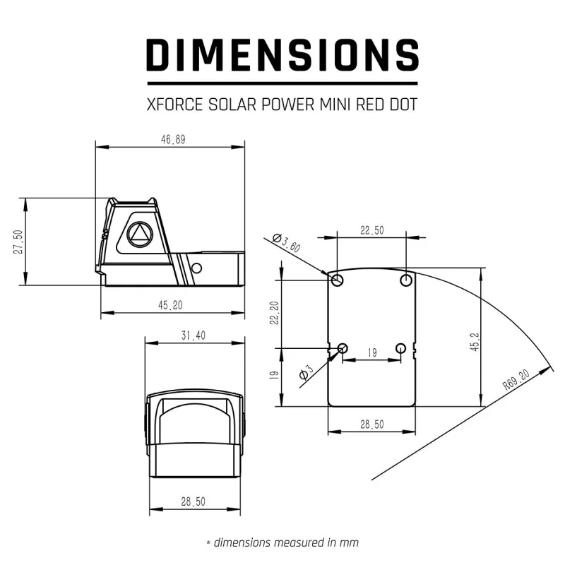 Schéma coté du mini point rouge solaire, longueur 46,9 mm, largeur 31,4 mm, hauteur 27,5 mm