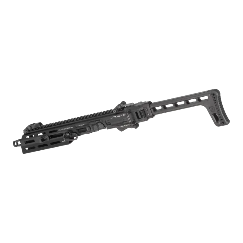 Kit de conversion carabine G&G SMC9 noir, crosse dépliée, vue de trois quarts côté droit