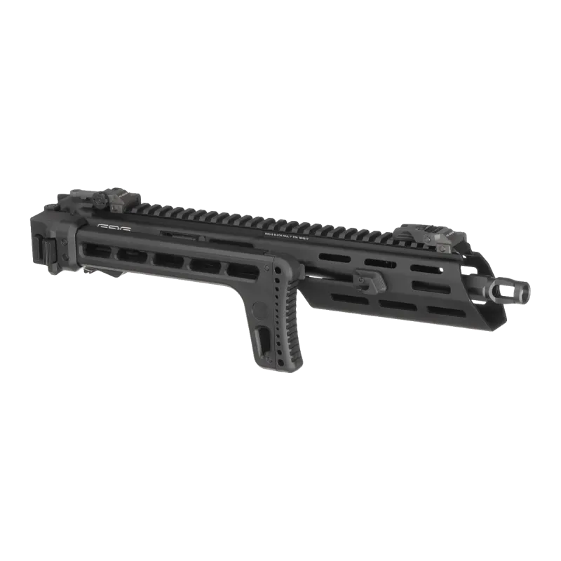 Kit G&G SMC9 noir, crosse repliée le long du rail M-LOK, vue de trois quarts