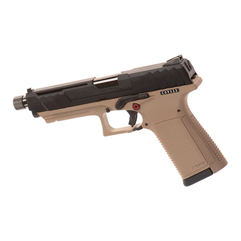 Pistolet gaz G&G GTP9 culasse noire et carcasse désert, vue de trois quarts côté gauche