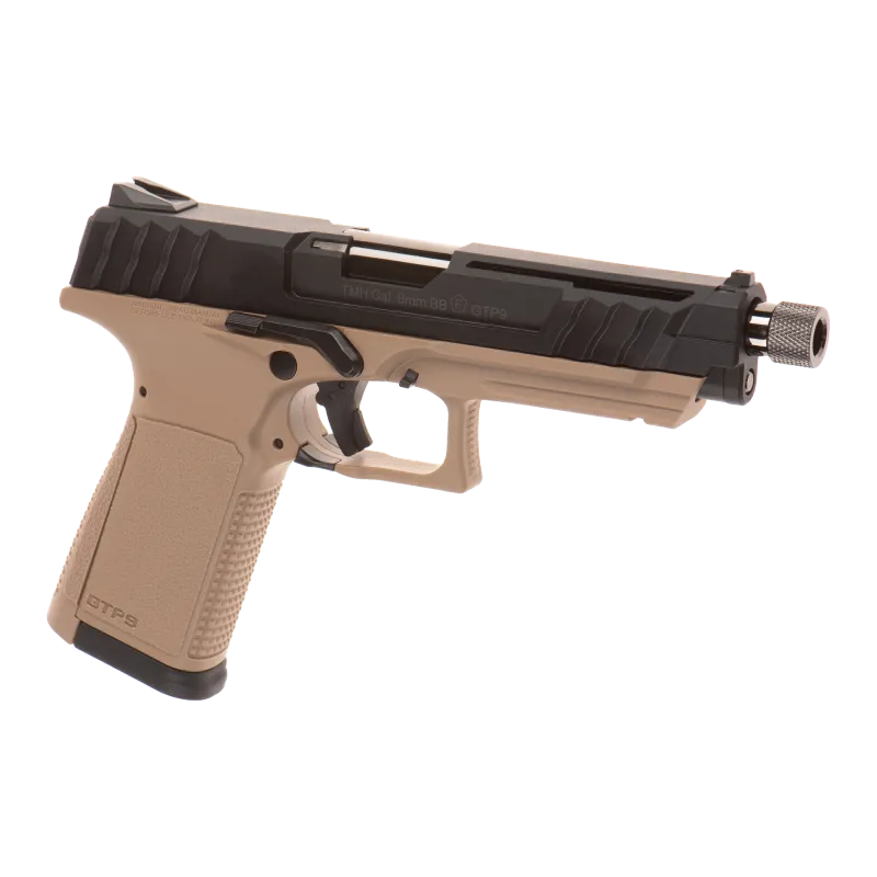 Pistolet gaz G&G GTP9 noir et désert, vue de trois quarts côté droit avec canon fileté