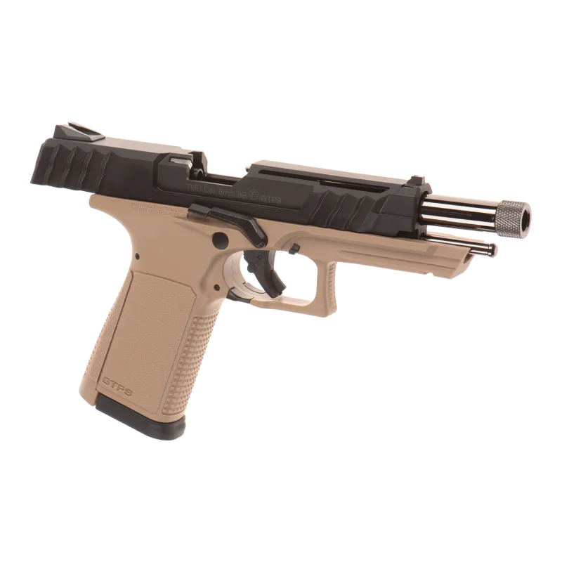 Pistolet G&G GTP9 culasse reculée, canon et guide de ressort visibles