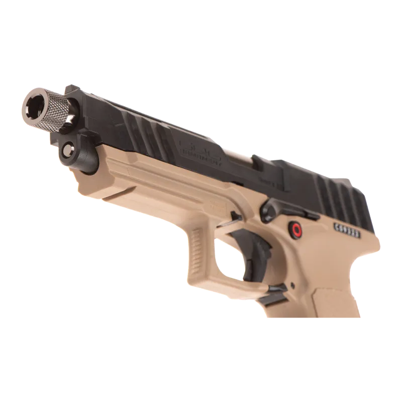 Gros plan sur le canon fileté, le rail et la détente du pistolet G&G GTP9
