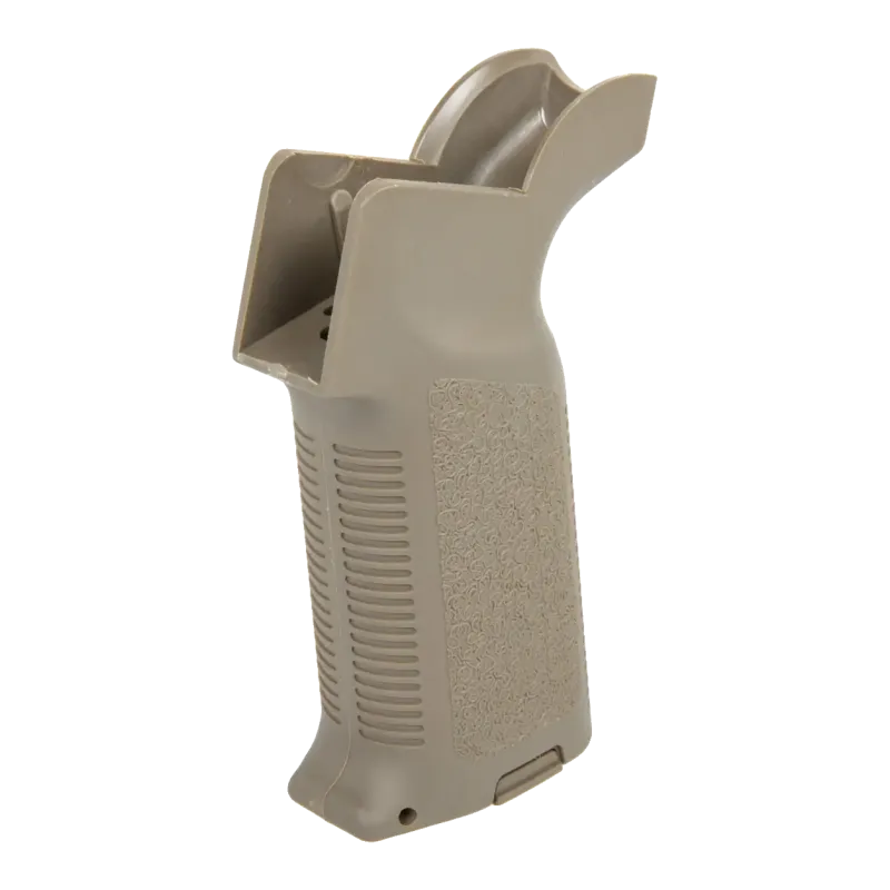 Poignée moteur QD Prime Specna Arms tan, plaque de fond ouverte vue de trois quarts