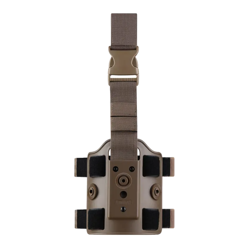 Plaque de cuisse Amomax Tan, vue de face avec boucle rapide, points de fixation rotatifs et bandes de cuisse