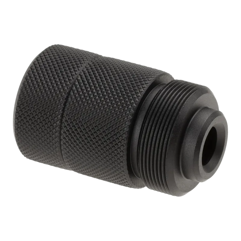 Adaptateur silencieux Action Army Type A pour T10, vue de trois quarts côté filetage du canon