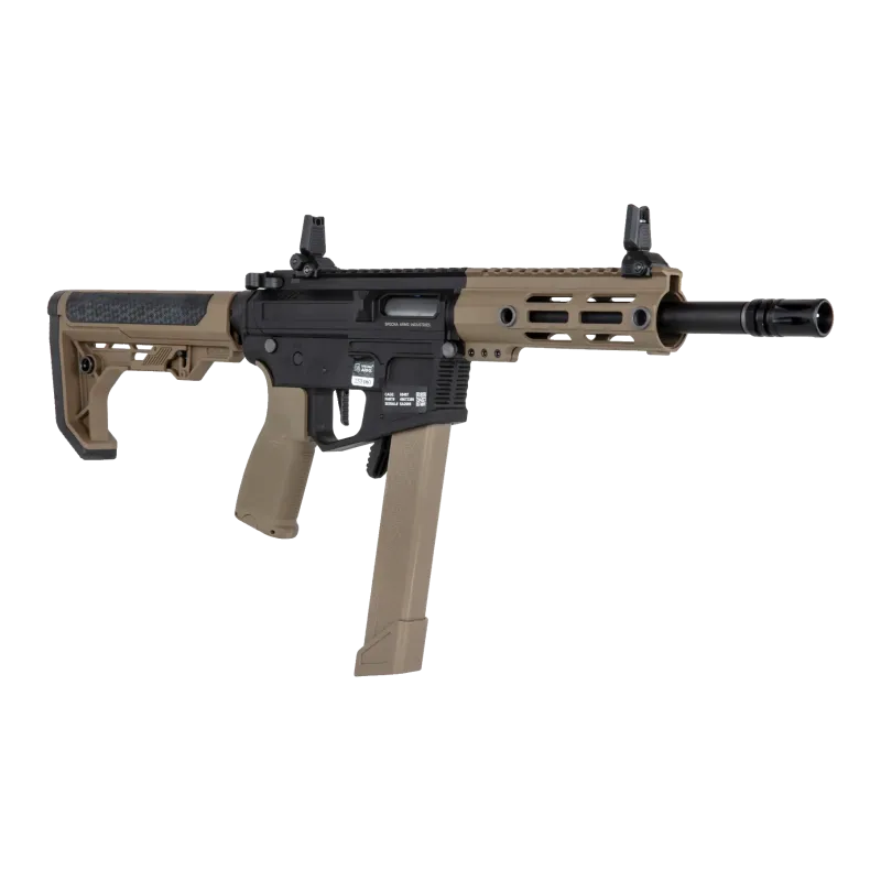 SMG AEG Specna Arms SA-FX01 Flex noir et tan, vue de trois quarts côté droit