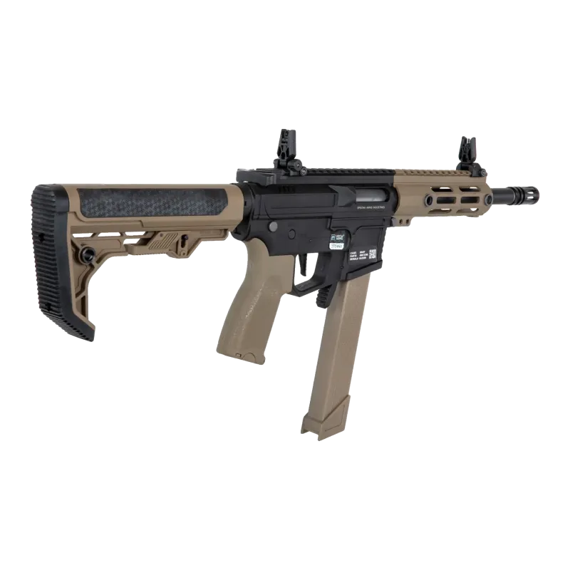 Specna Arms SA-FX01 Flex HAL ETU, vue de trois quarts arrière côté droit, crosse déployée