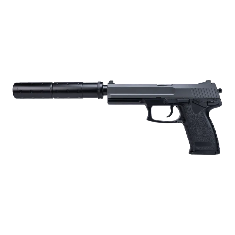 ASG DL60 Socom, vue de profil avec faux silencieux monté