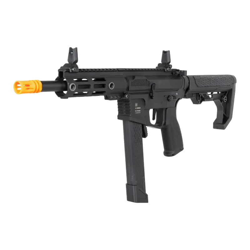 Specna Arms SA-FX01 Flex HAL ETU noire, vue de trois quarts avant avec cache-flamme orange