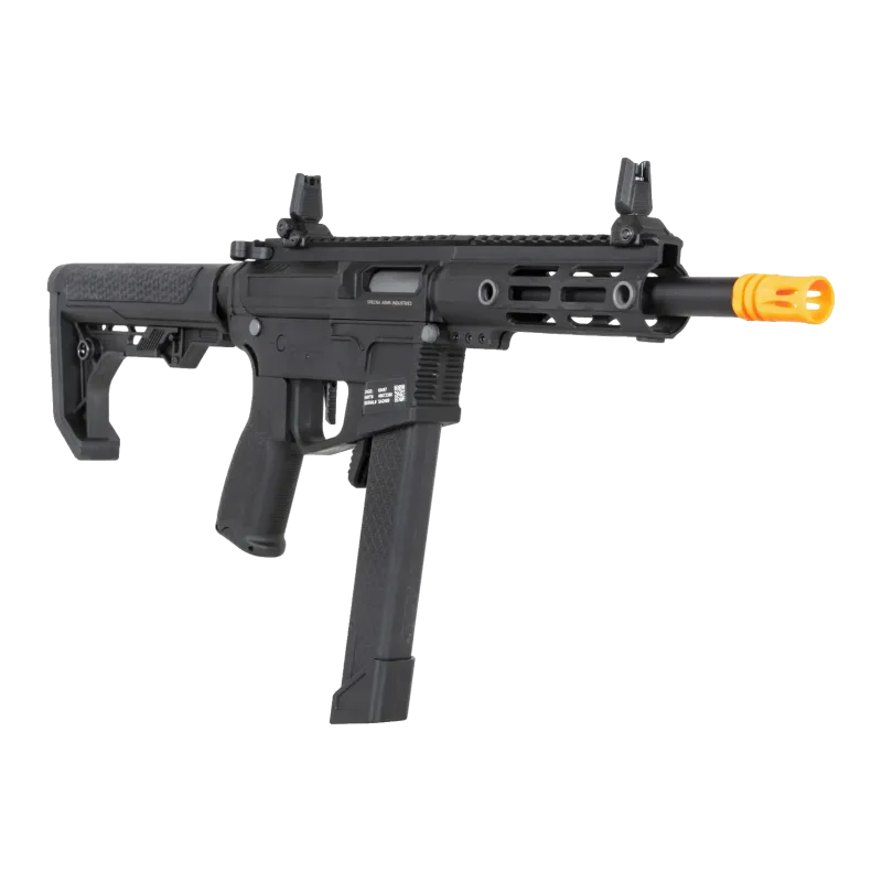 Specna Arms SA-FX01 Flex HAL ETU noire, vue de trois quarts, mires rabattables et chargeur