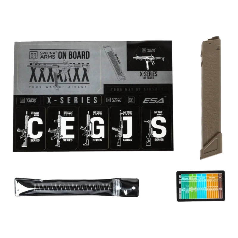 Contenu de la boîte Specna Arms SA-FX01 bi-ton : chargeur tan, ressort et carte X-Series