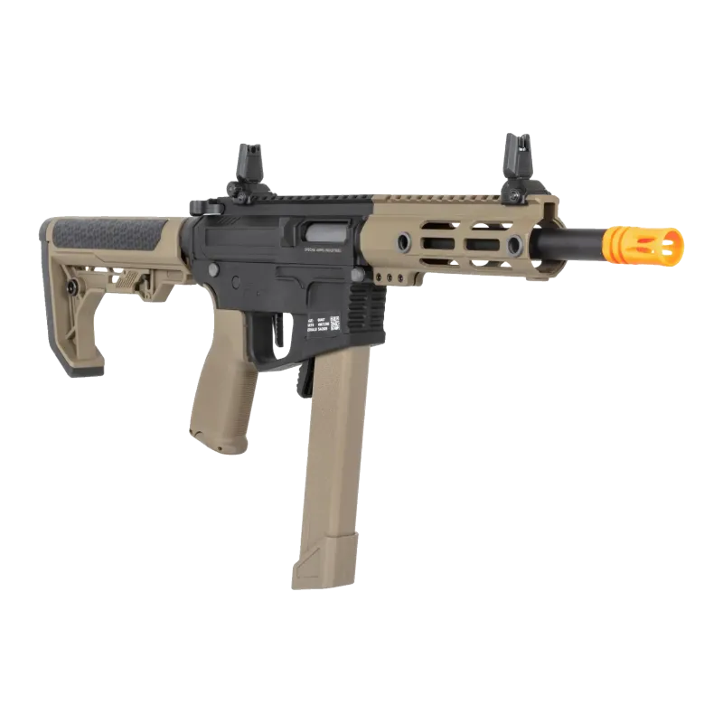 Specna Arms SA-FX01 Flex HAL ETU bi-ton noir et tan, vue de trois quarts avec garde-main M-LOK
