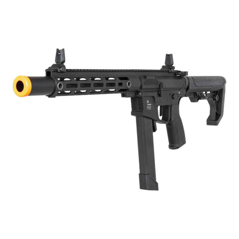 Specna Arms SA-FX02 Flex HAL ETU noire, vue de trois quarts avant avec embout orange