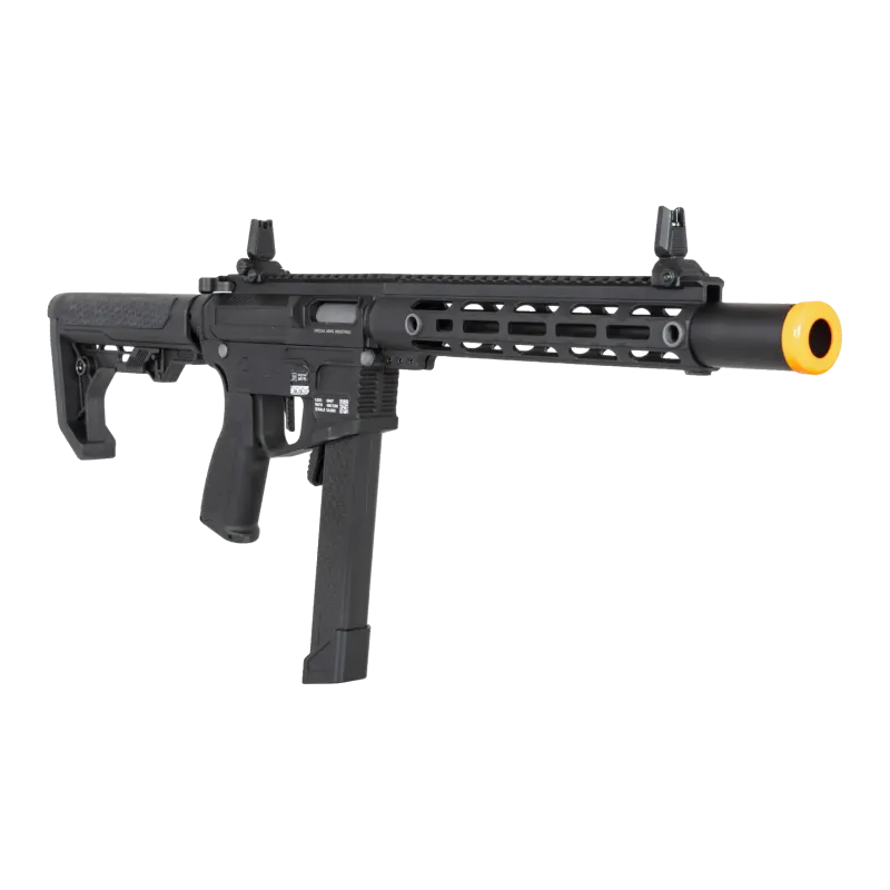 Specna Arms SA-FX02 Flex HAL ETU noire, vue de trois quarts avec mires rabattables