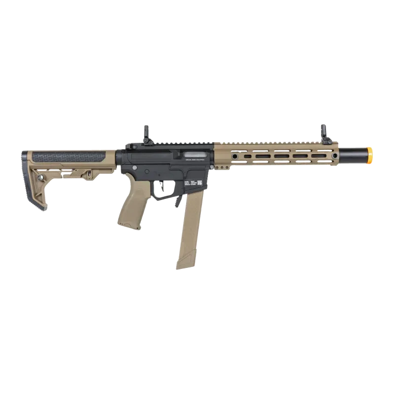 Specna Arms SA-FX02 Flex HAL ETU bi-ton noir et tan, vue de trois quarts arrière, crosse Light Ops