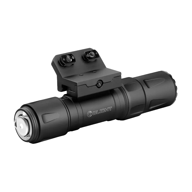 Olight Odin S noire avec fixation M-LOK, vue de trois quarts arrière sur le culot de charge