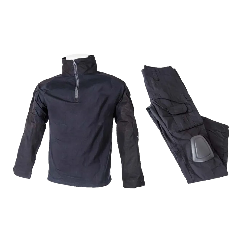 Tenue de combat Black River noire, chemise à col zippé et pantalon cargo avec genouillère