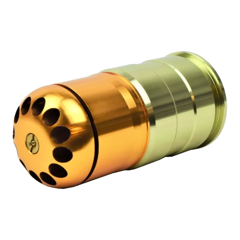 Grenade 40 mm à gaz Dboys DB085 version courte, vue de l'ogive multitrous et de la valve en laiton