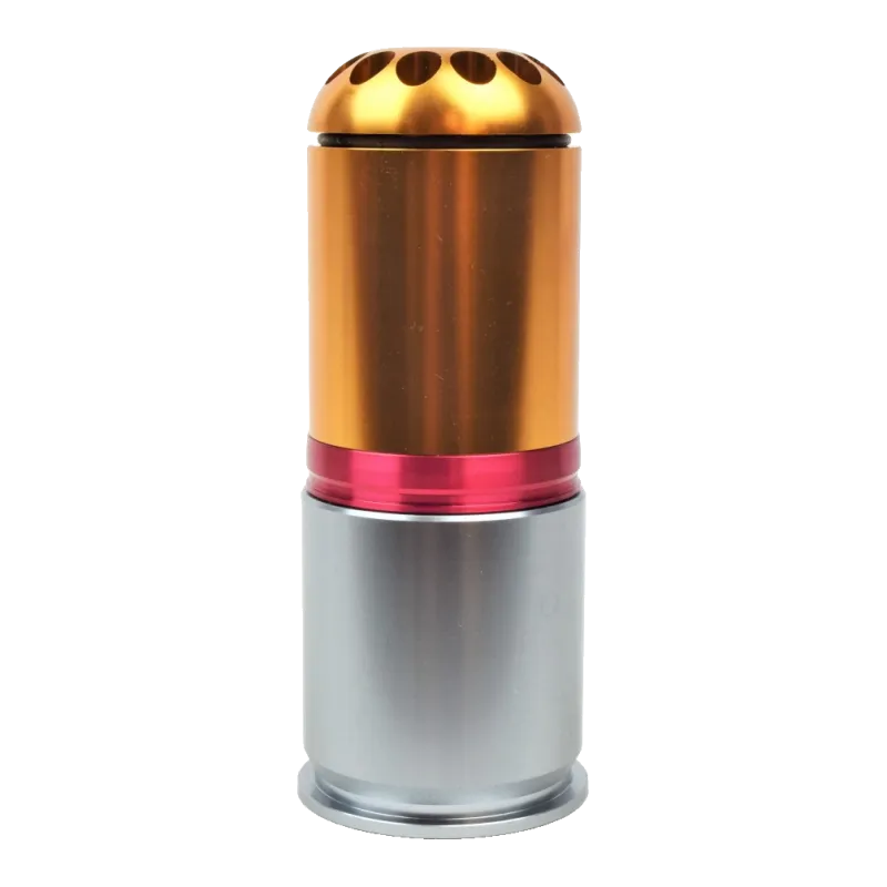 Grenade 40 mm Dboys DB090 version longue de 144 billes, debout, vue de face de l'ogive percée