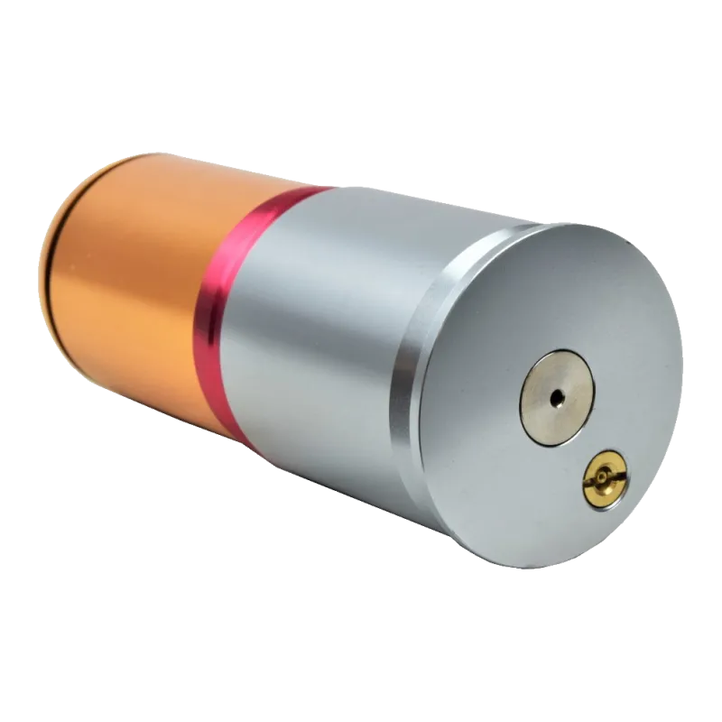 Grenade 40 mm Dboys DB090 144 billes, vue du culot argenté avec insert acier et valve en laiton