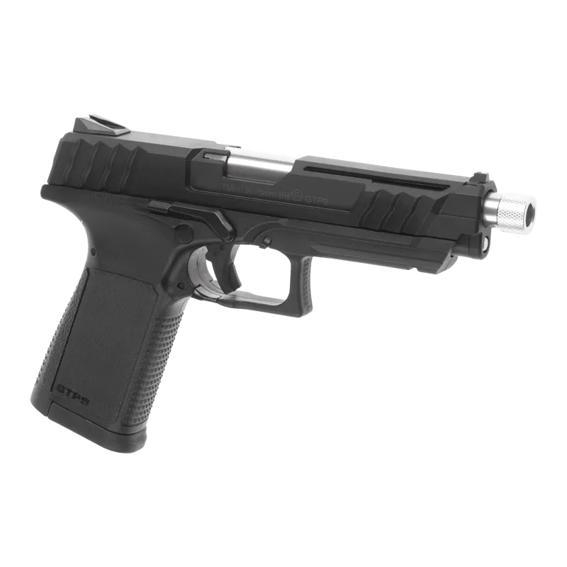 Pistolet G&G GTP9 noir, vue de trois quarts côté droit, canon fileté et rail