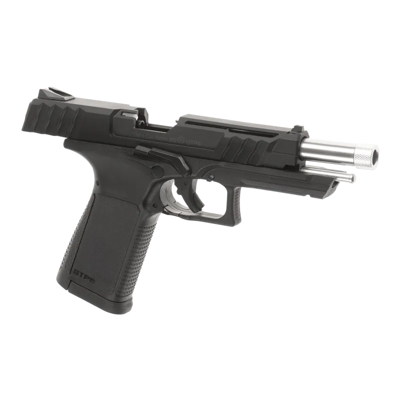 Pistolet G&G GTP9 noir, culasse reculée, canon et guide de ressort visibles