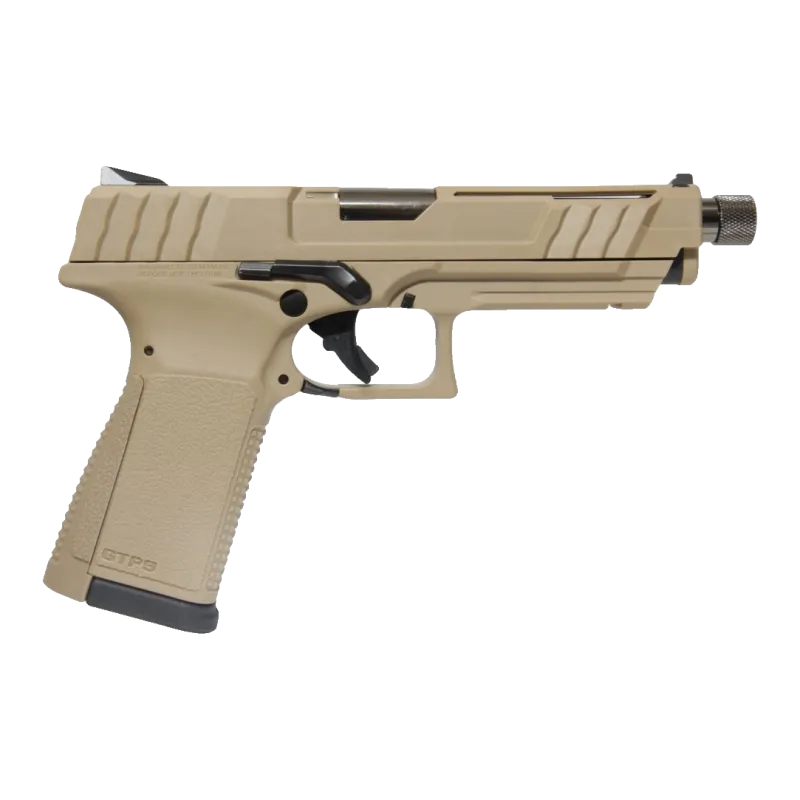 Pistolet gaz G&G GTP9 désert tan, vue de profil côté droit, culasse et carcasse sable, canon fileté