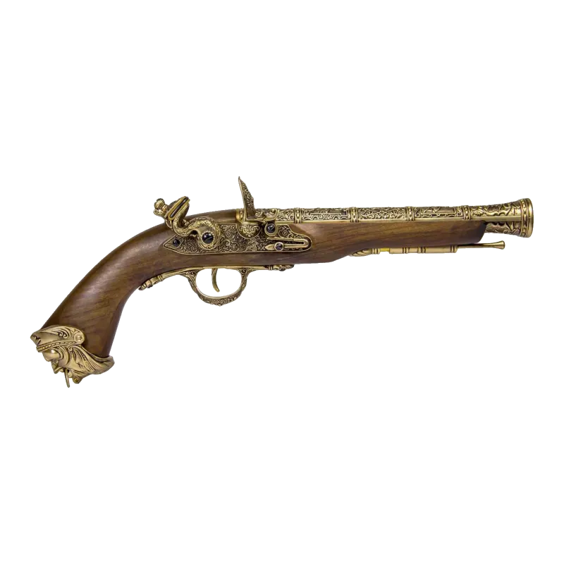 Pistolet flintlock pirate HFC doré, vue de profil côté droit, platine gravée et chien armé
