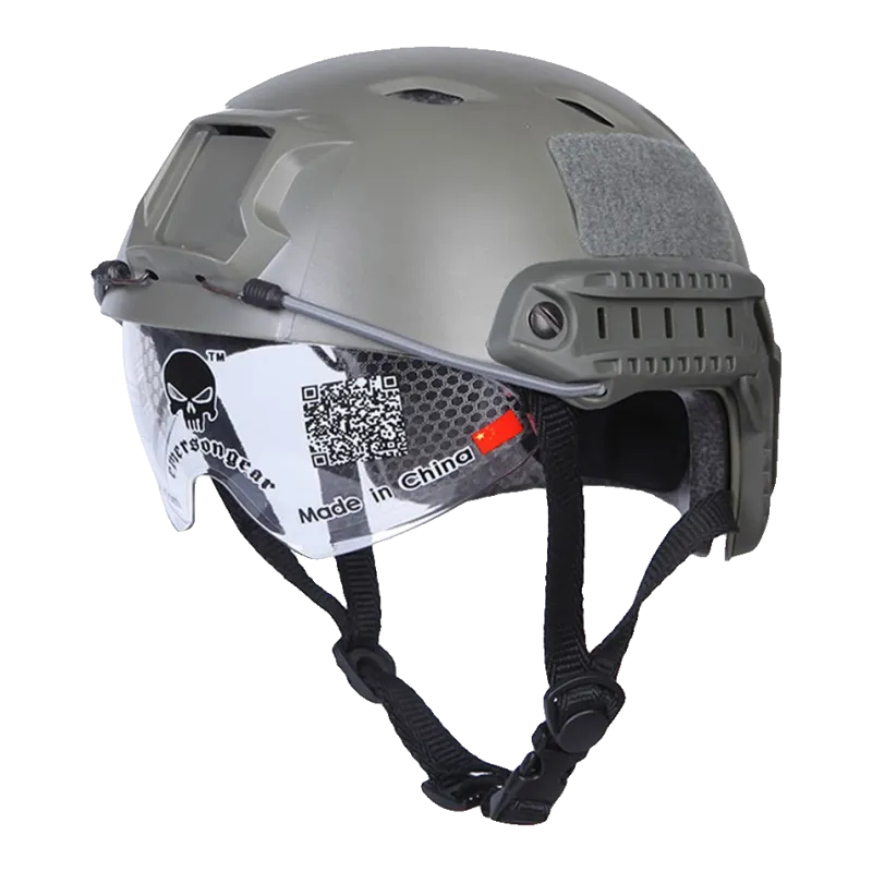 Casque Fast EmersonGear vert foliage EM8818, vue de trois quarts, support NVG et visière
