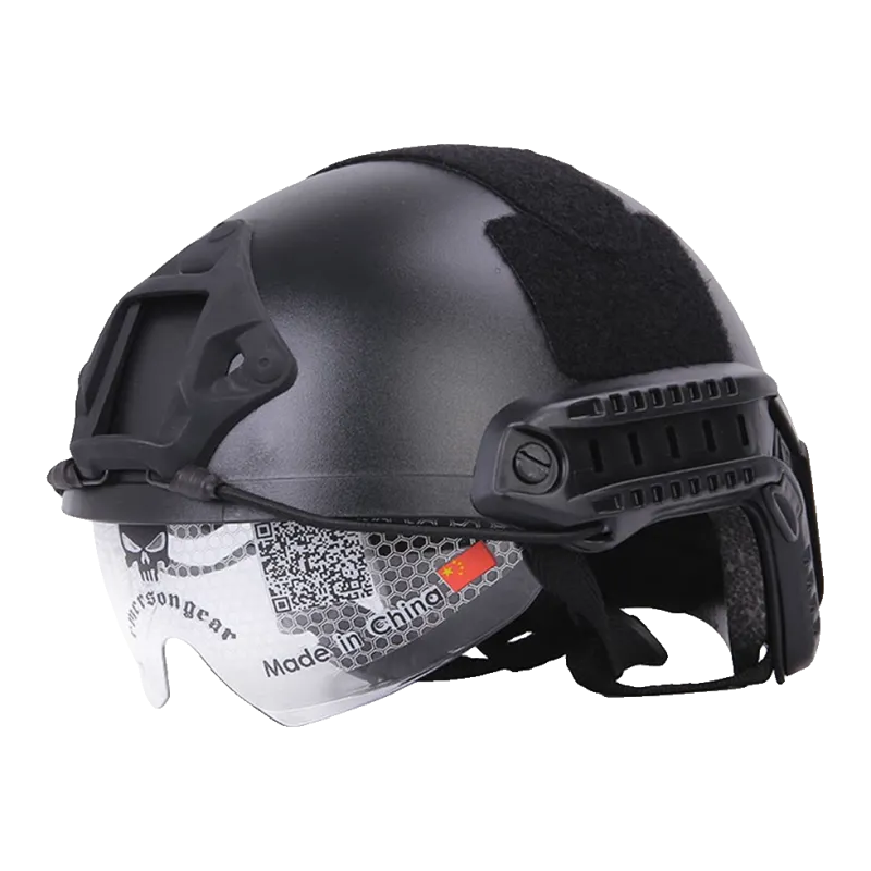Casque Fast type MH noir EMERSONGEAR EM8820B, vue avant avec support NVG et visière