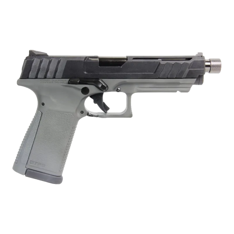 Pistolet GBB G&G Armament GTP9 noir et gris, vue côté droit, canon fileté