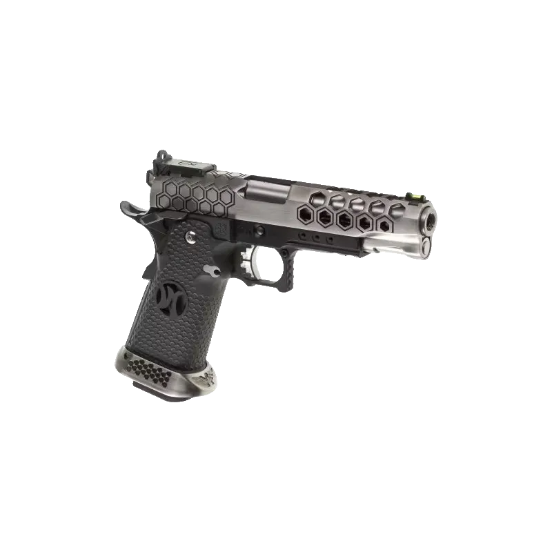 Pistolet GBB AW Custom Hi-Capa HX2501 noir et argent, vue de trois quarts