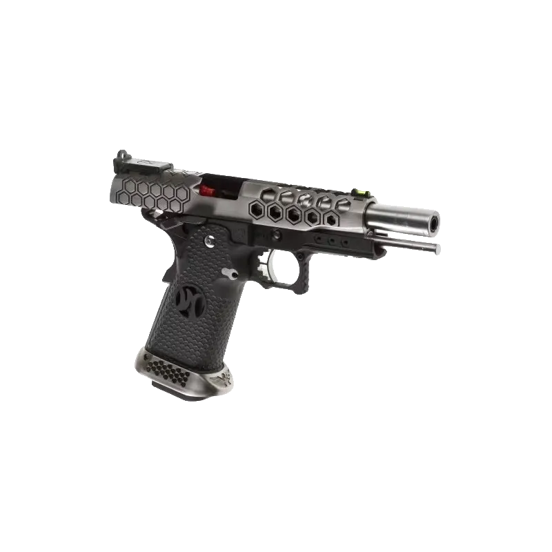 Pistolet GBB AW Custom Hi-Capa HX2501, culasse en arrière et canon externe sorti