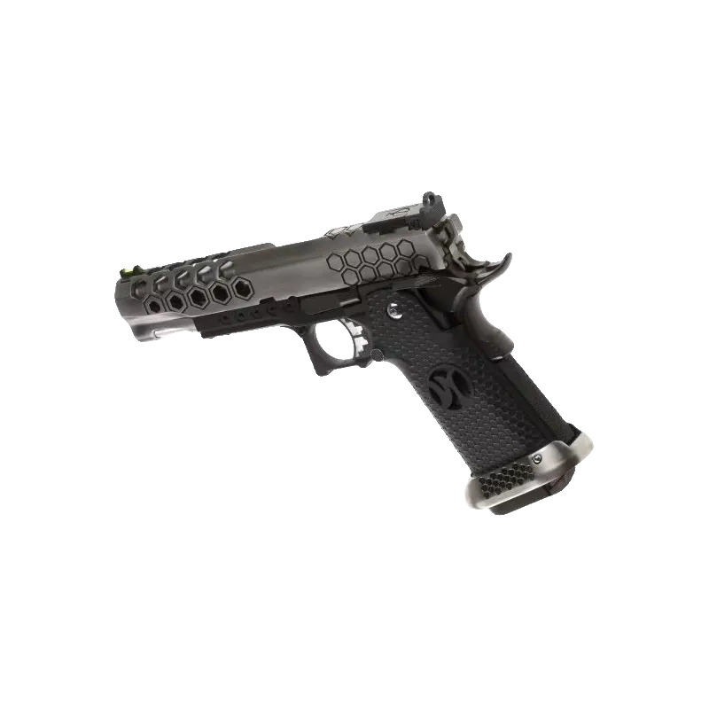 Pistolet GBB AW Custom Hi-Capa HX2501 noir et argent, vue de trois quarts canon à gauche