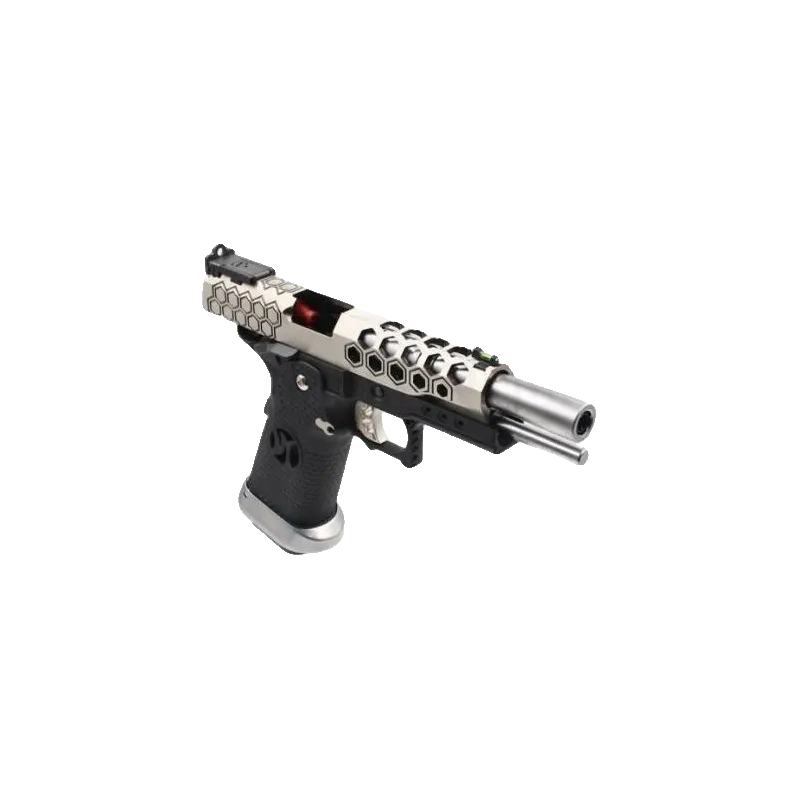Pistolet GBB AW Custom Hi-Capa HX2501, culasse ouverte, vue plongeante