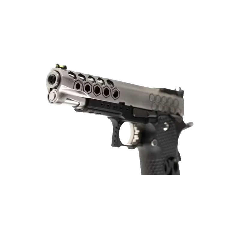 Pistolet GBB AW Custom Hi-Capa HX2501, gros plan sur la bouche du canon et la culasse Hex-cut