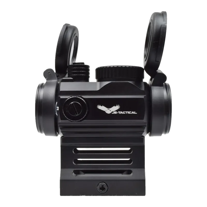 Viseur point rouge JS-Tactical, profil côté logo et tourelle de dérive, rehausse à fentes